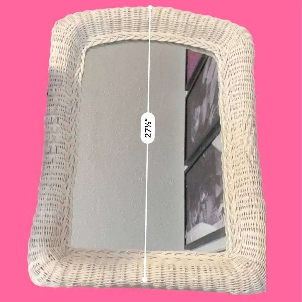 Large white wicker framed mirror vintage MCM retro 70's 27x18 Wall Hanging
